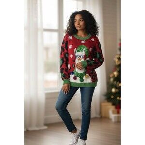 33 Degree Llama Ugly Women’s Christmas Sweater Size S Pullover Festive Santa Hat